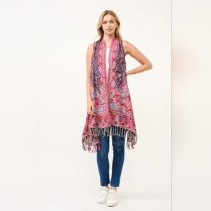 Pink and Blue Paisley Fringe Kimono Cardigan Vest